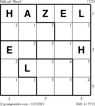 The grouppuzzles.com Difficult Hazel puzzle for Saturday January 23, 2021 with all 4 steps marked