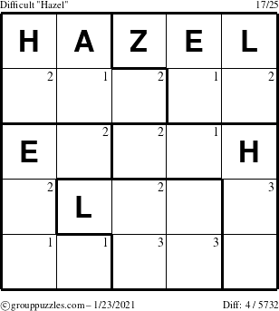 The grouppuzzles.com Difficult Hazel puzzle for Saturday January 23, 2021 with the first 3 steps marked