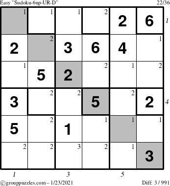 The grouppuzzles.com Easy Sudoku-6up-UR-D puzzle for Saturday January 23, 2021 with all 3 steps marked