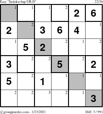 The grouppuzzles.com Easy Sudoku-6up-UR-D puzzle for Saturday January 23, 2021 with the first 3 steps marked