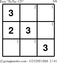 The grouppuzzles.com Easy TicTac-123 puzzle for Saturday January 23, 2021 with the first 2 steps marked