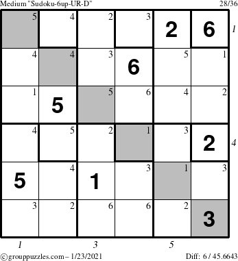 The grouppuzzles.com Medium Sudoku-6up-UR-D puzzle for Saturday January 23, 2021, suitable for printing, with all 6 steps marked