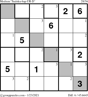 The grouppuzzles.com Medium Sudoku-6up-UR-D puzzle for Saturday January 23, 2021 with the first 3 steps marked