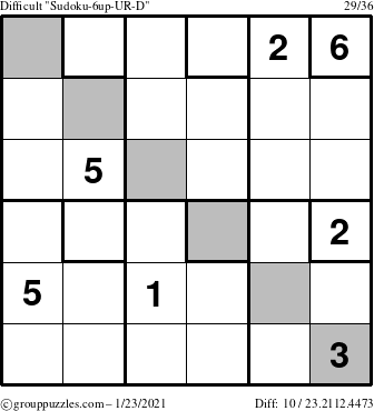 The grouppuzzles.com Difficult Sudoku-6up-UR-D puzzle for Saturday January 23, 2021