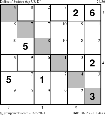 The grouppuzzles.com Difficult Sudoku-6up-UR-D puzzle for Saturday January 23, 2021 with all 10 steps marked