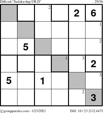 The grouppuzzles.com Difficult Sudoku-6up-UR-D puzzle for Saturday January 23, 2021 with the first 3 steps marked