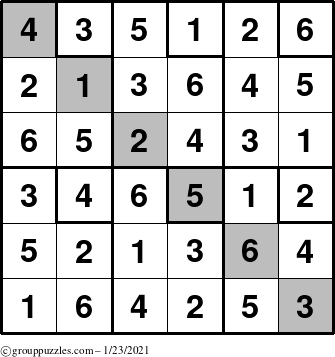 The grouppuzzles.com Answer grid for the Sudoku-6up-UR-D puzzle for Saturday January 23, 2021