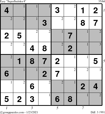 The grouppuzzles.com Easy SuperSudoku-8 puzzle for Saturday January 23, 2021 with all 3 steps marked