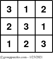 The grouppuzzles.com Answer grid for the TicTac-123 puzzle for Saturday January 23, 2021