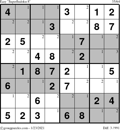 The grouppuzzles.com Easy SuperSudoku-8 puzzle for Saturday January 23, 2021 with the first 3 steps marked