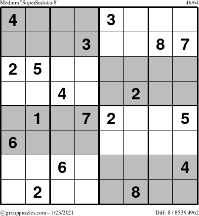 The grouppuzzles.com Medium SuperSudoku-8 puzzle for Saturday January 23, 2021