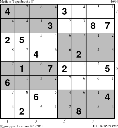 The grouppuzzles.com Medium SuperSudoku-8 puzzle for Saturday January 23, 2021 with all 8 steps marked