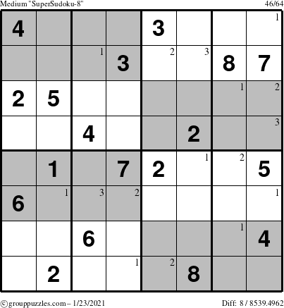 The grouppuzzles.com Medium SuperSudoku-8 puzzle for Saturday January 23, 2021 with the first 3 steps marked