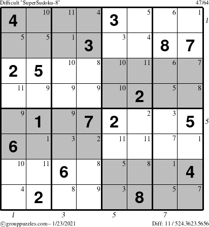 The grouppuzzles.com Difficult SuperSudoku-8 puzzle for Saturday January 23, 2021 with all 11 steps marked