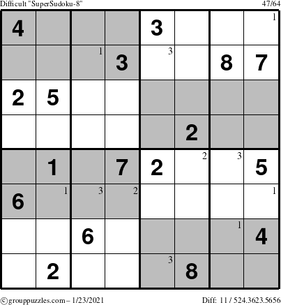 The grouppuzzles.com Difficult SuperSudoku-8 puzzle for Saturday January 23, 2021 with the first 3 steps marked