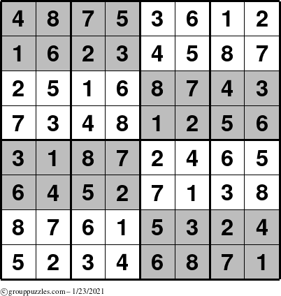 The grouppuzzles.com Answer grid for the SuperSudoku-8 puzzle for Saturday January 23, 2021