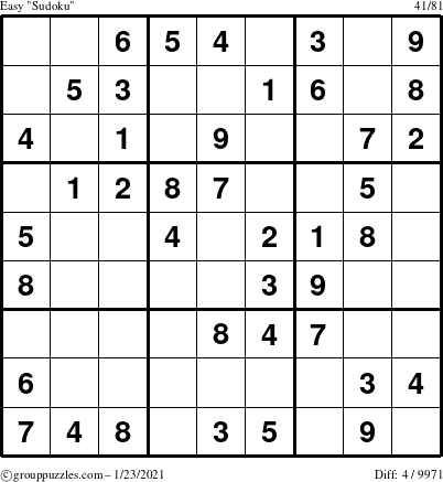 The grouppuzzles.com Easy Sudoku puzzle for Saturday January 23, 2021