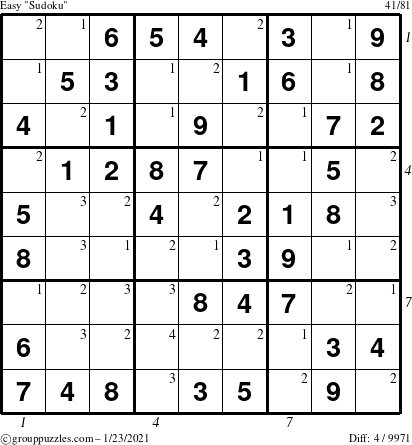 The grouppuzzles.com Easy Sudoku puzzle for Saturday January 23, 2021 with all 4 steps marked