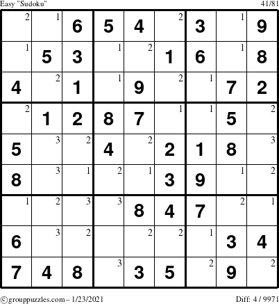 The grouppuzzles.com Easy Sudoku puzzle for Saturday January 23, 2021 with the first 3 steps marked