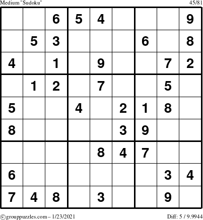 The grouppuzzles.com Medium Sudoku puzzle for Saturday January 23, 2021