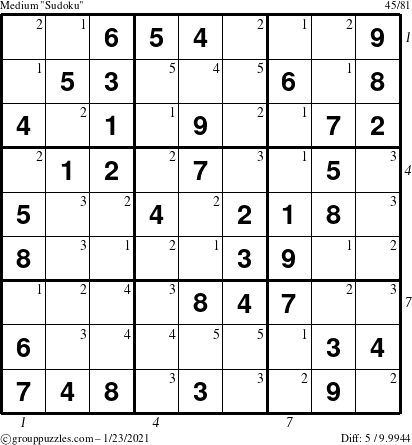 The grouppuzzles.com Medium Sudoku puzzle for Saturday January 23, 2021, suitable for printing, with all 5 steps marked