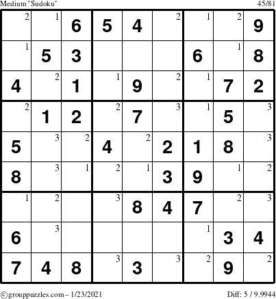 The grouppuzzles.com Medium Sudoku puzzle for Saturday January 23, 2021 with the first 3 steps marked