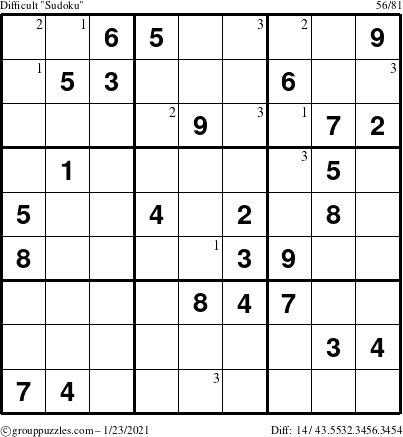 The grouppuzzles.com Difficult Sudoku puzzle for Saturday January 23, 2021 with the first 3 steps marked