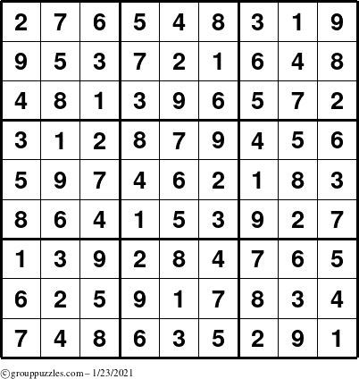 The grouppuzzles.com Answer grid for the Sudoku puzzle for Saturday January 23, 2021