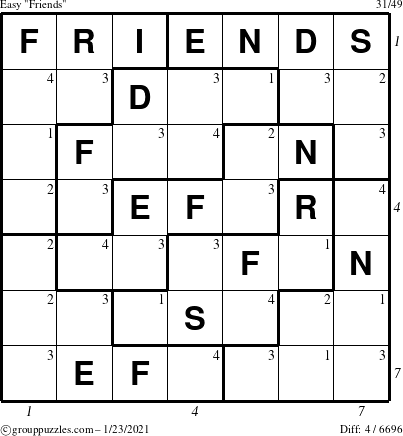 The grouppuzzles.com Easy Friends puzzle for Saturday January 23, 2021 with all 4 steps marked