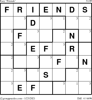 The grouppuzzles.com Easy Friends puzzle for Saturday January 23, 2021 with the first 3 steps marked