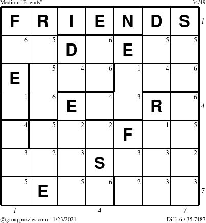 The grouppuzzles.com Medium Friends puzzle for Saturday January 23, 2021 with all 6 steps marked