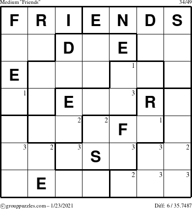 The grouppuzzles.com Medium Friends puzzle for Saturday January 23, 2021 with the first 3 steps marked