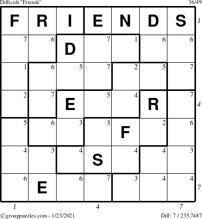 The grouppuzzles.com Difficult Friends puzzle for Saturday January 23, 2021 with all 7 steps marked