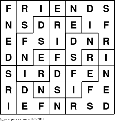 The grouppuzzles.com Answer grid for the Friends puzzle for Saturday January 23, 2021