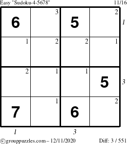 The grouppuzzles.com Easy Sudoku-4-5678 puzzle for Friday December 11, 2020, suitable for printing, with all 3 steps marked