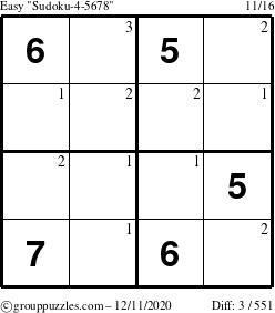 The grouppuzzles.com Easy Sudoku-4-5678 puzzle for Friday December 11, 2020 with the first 3 steps marked