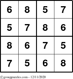 The grouppuzzles.com Answer grid for the Sudoku-4-5678 puzzle for Friday December 11, 2020