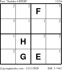 The grouppuzzles.com Easy Sudoku-4-EFGH puzzle for Friday December 11, 2020 with the first 3 steps marked