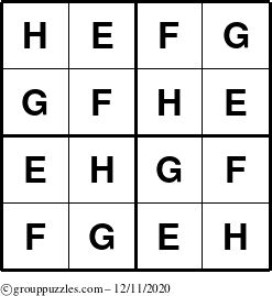 The grouppuzzles.com Answer grid for the Sudoku-4-EFGH puzzle for Friday December 11, 2020