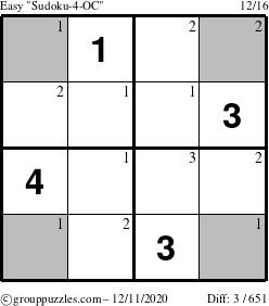 The grouppuzzles.com Easy Sudoku-4-OC puzzle for Friday December 11, 2020 with the first 3 steps marked