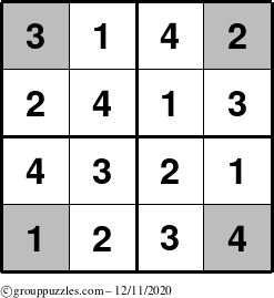 The grouppuzzles.com Answer grid for the Sudoku-4-OC puzzle for Friday December 11, 2020