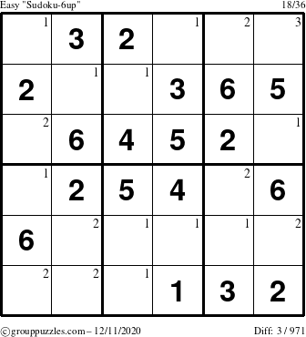 The grouppuzzles.com Easy Sudoku-6up puzzle for Friday December 11, 2020 with the first 3 steps marked