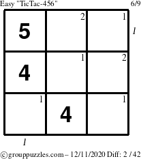 The grouppuzzles.com Easy TicTac-456 puzzle for Friday December 11, 2020, suitable for printing, with all 2 steps marked