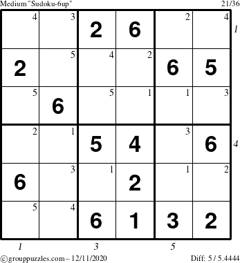 The grouppuzzles.com Medium Sudoku-6up puzzle for Friday December 11, 2020 with all 5 steps marked