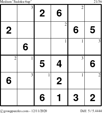 The grouppuzzles.com Medium Sudoku-6up puzzle for Friday December 11, 2020 with the first 3 steps marked