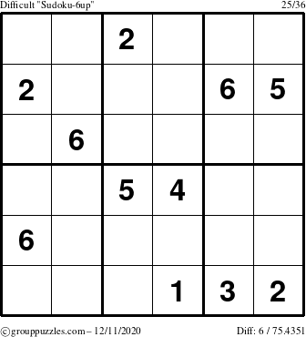 The grouppuzzles.com Difficult Sudoku-6up puzzle for Friday December 11, 2020