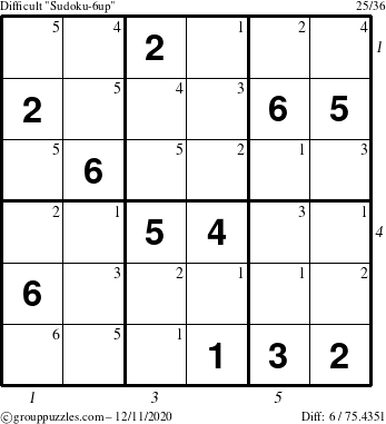 The grouppuzzles.com Difficult Sudoku-6up puzzle for Friday December 11, 2020 with all 6 steps marked