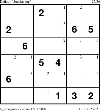 The grouppuzzles.com Difficult Sudoku-6up puzzle for Friday December 11, 2020 with the first 3 steps marked