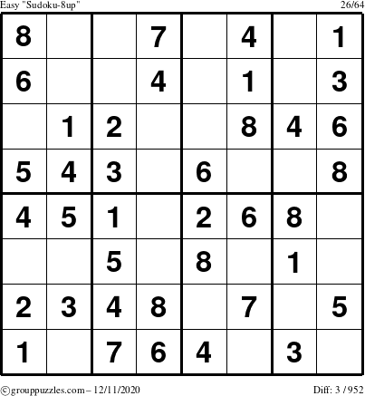 The grouppuzzles.com Easy Sudoku-8up puzzle for Friday December 11, 2020