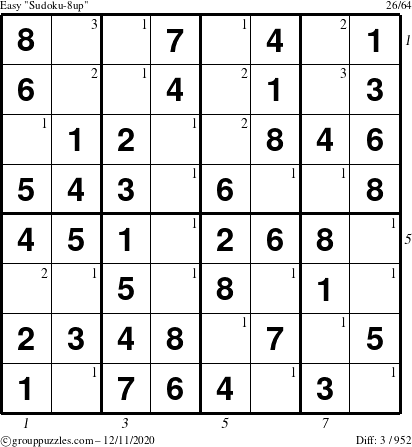 The grouppuzzles.com Easy Sudoku-8up puzzle for Friday December 11, 2020 with all 3 steps marked